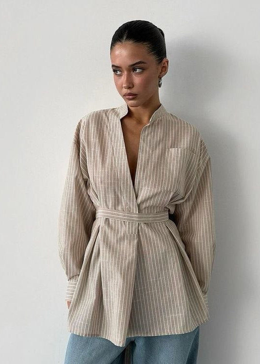 Striped Cotton Blend Tie Waist Shirt Blouse
