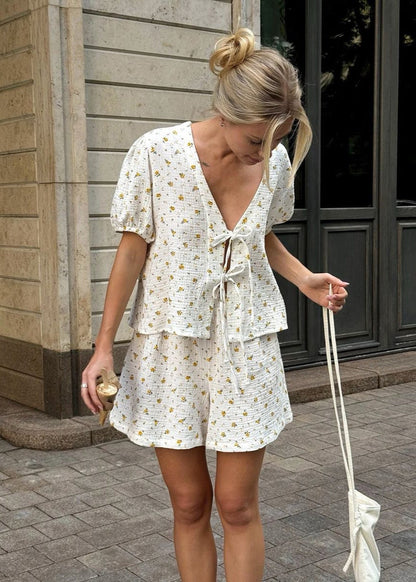 Cotton Tie Front Shorts Set With Floral Design