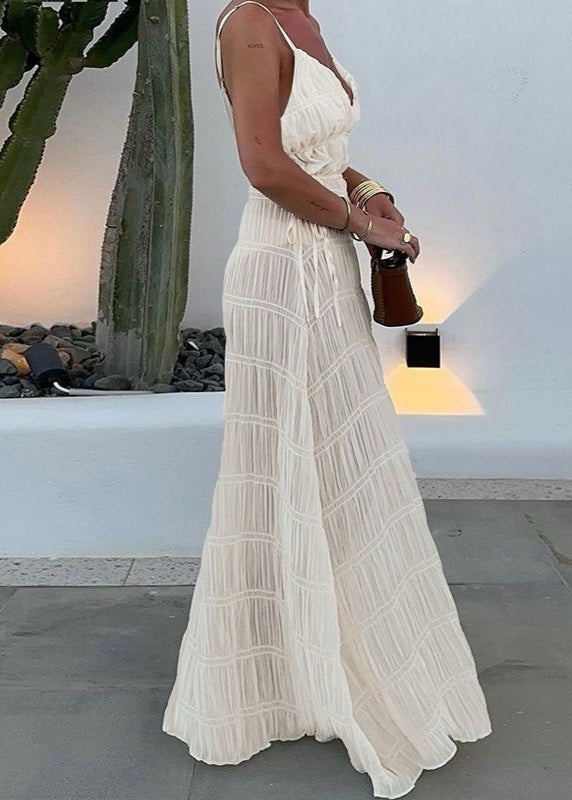 Pleated Spaghetti Strap Maxi Dress In White