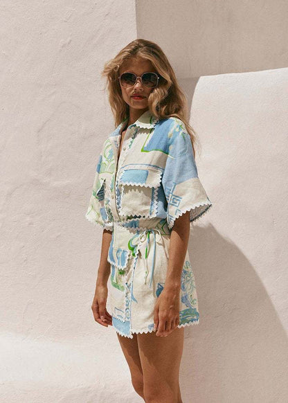 Linen Shirt and Skirt Set with Abstract Mediterranean Print