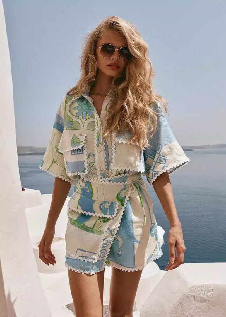 Linen Shirt and Skirt Set with Abstract Mediterranean Print