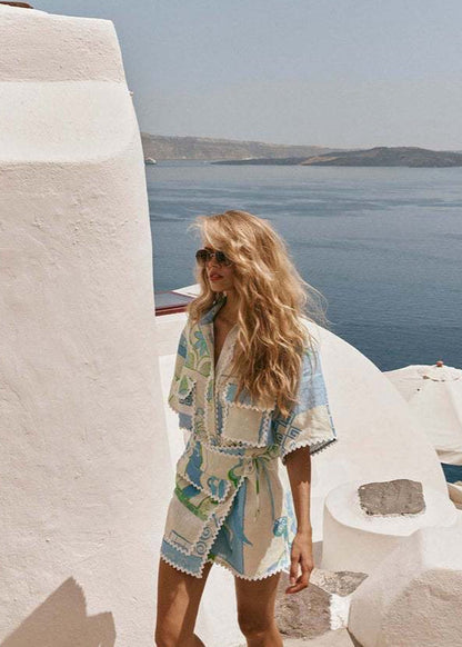 Linen Shirt and Skirt Set with Abstract Mediterranean Print