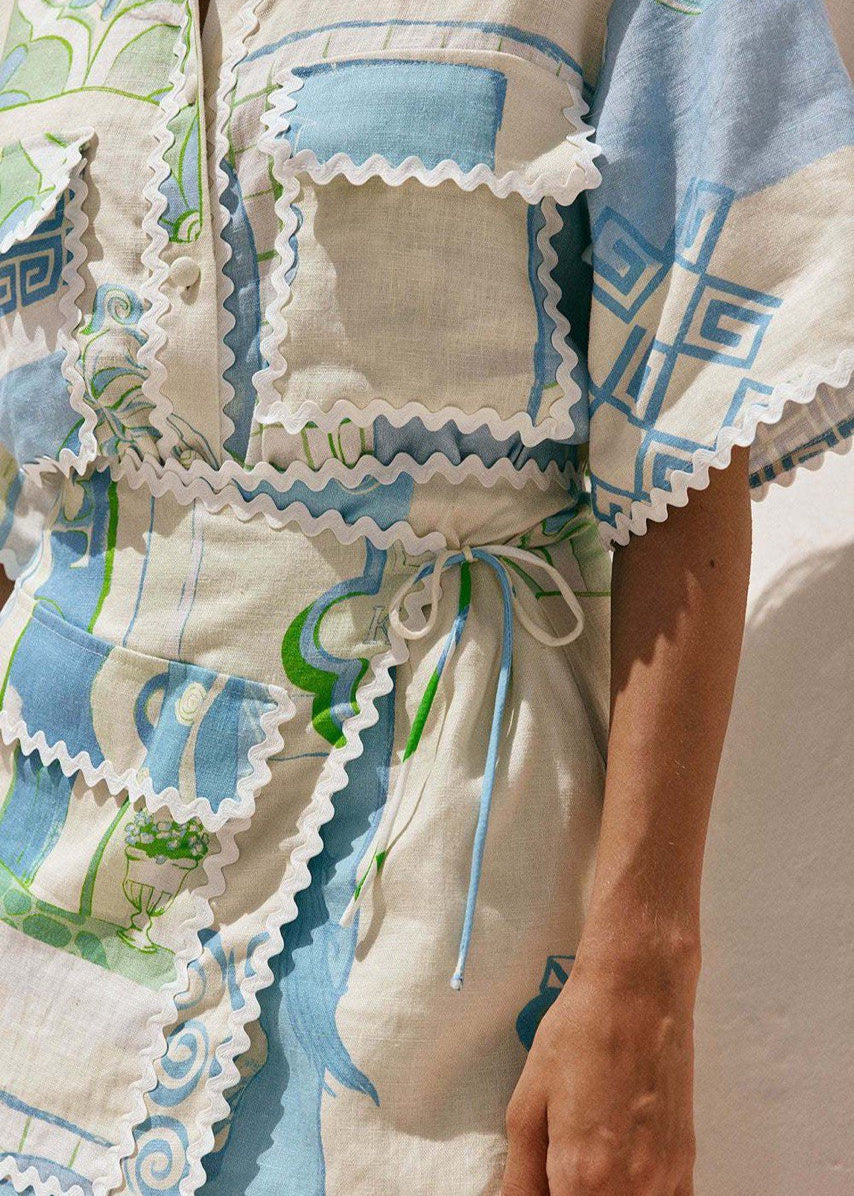 Linen Shirt and Skirt Set with Abstract Mediterranean Print