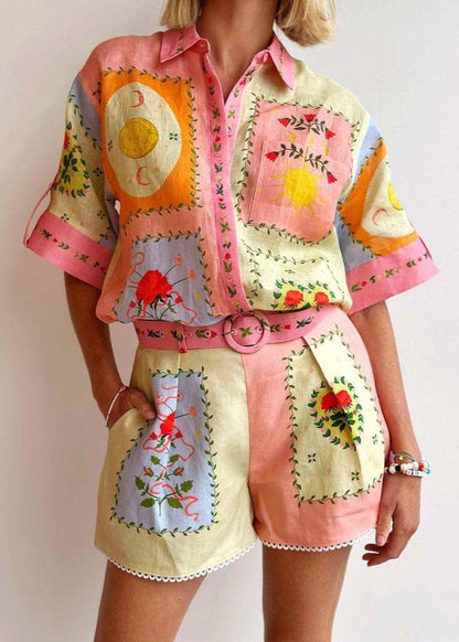 Linen Shirt and Shorts Set with Embroidery