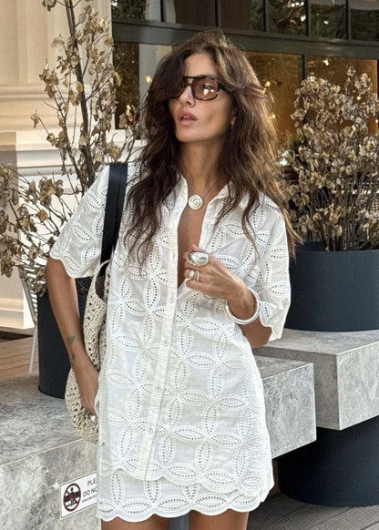 Cotton Two Piece Broderie Anglaise Shirt Skirt Set