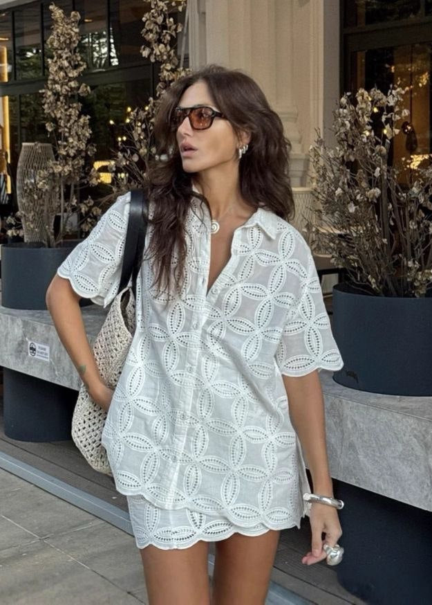Cotton Two Piece Broderie Anglaise Shirt Skirt Set