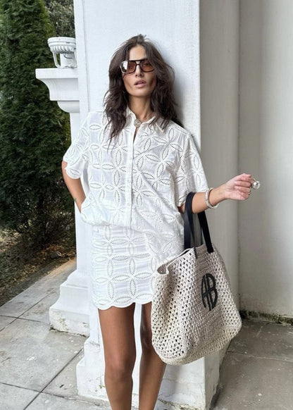 Cotton Two Piece Broderie Anglaise Shirt Skirt Set