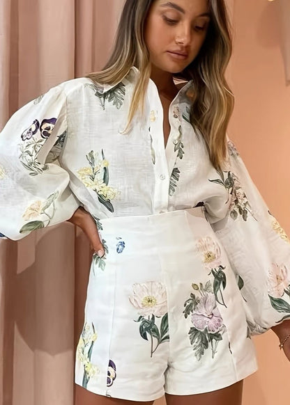 Floral Linen Blend Puff Sleeve Shirt and Shorts Set