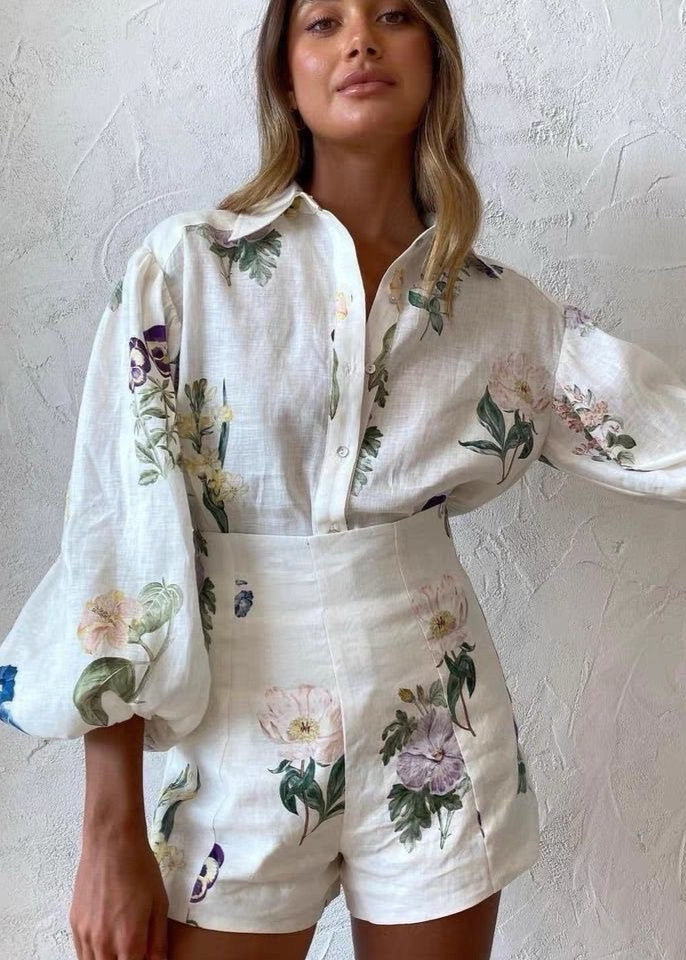Floral Linen Blend Puff Sleeve Shirt and Shorts Set