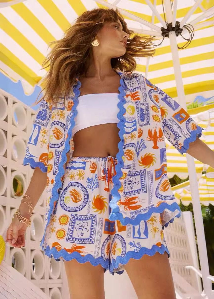 Printed Shirt and Shorts Set Lightweight Fabric