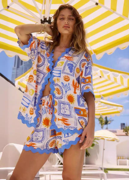 Printed Shirt and Shorts Set Lightweight Fabric
