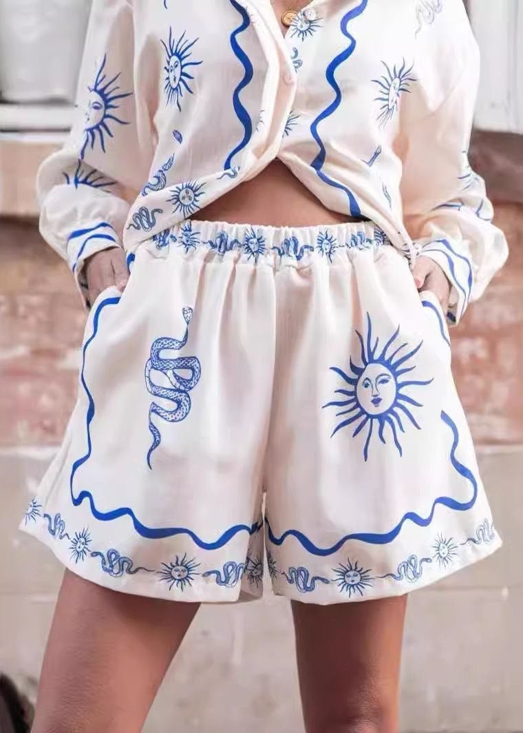 Sun Print Shirt And Shorts Set In Blue