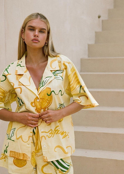 Lemon Print Cotton Shirt and Drawstring Shorts Set