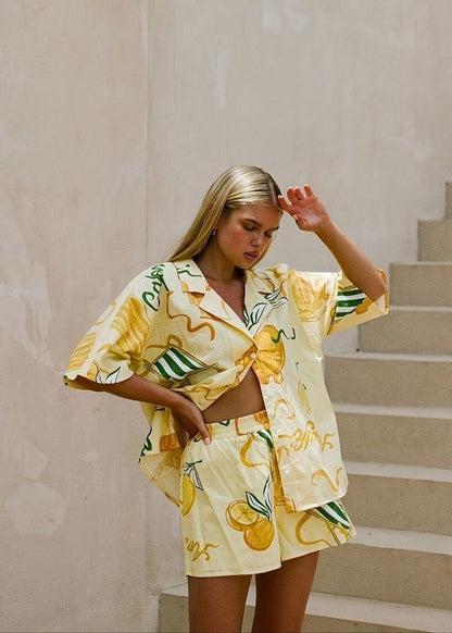Lemon Print Cotton Shirt and Drawstring Shorts Set