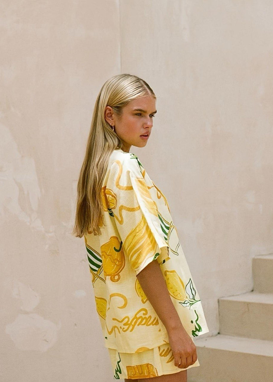 Lemon Print Cotton Shirt and Drawstring Shorts Set