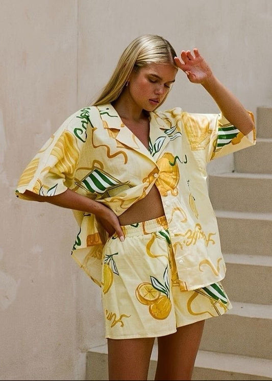 Lemon Print Cotton Shirt and Drawstring Shorts Set