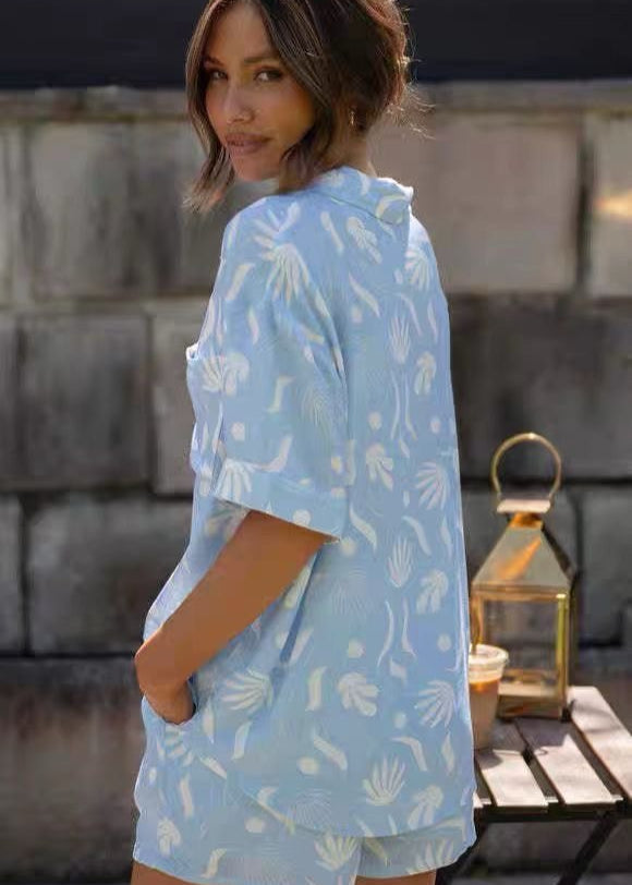 Light Blue Cotton Palm Print Co-Ord Set