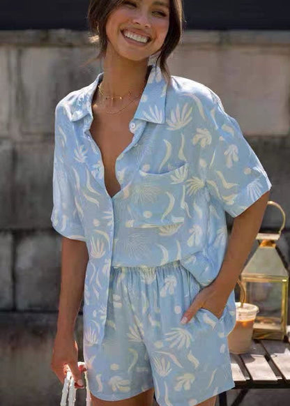 Light Blue Cotton Palm Print Co-Ord Set
