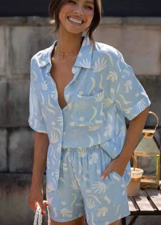 Light Blue Cotton Palm Print Co-Ord Set