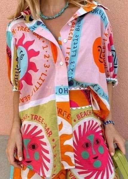 Graphic Sun Print Puff Sleeve Cotton Set