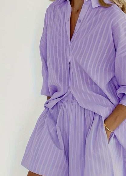 Striped Cotton Shirt And Shorts Set Purple
