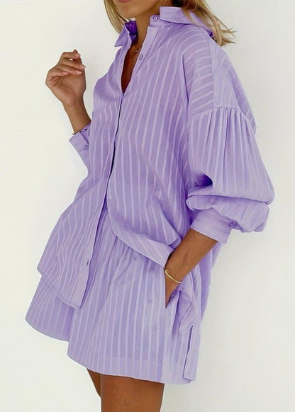 Striped Cotton Shirt And Shorts Set Purple