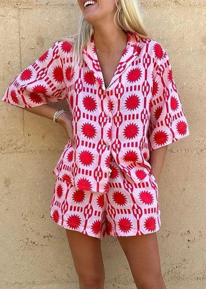 Two Piece Lightweight Cotton Red Sun Print Set