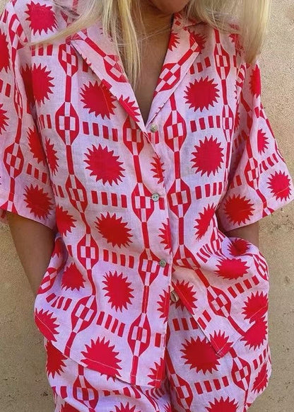 Two Piece Lightweight Cotton Red Sun Print Set