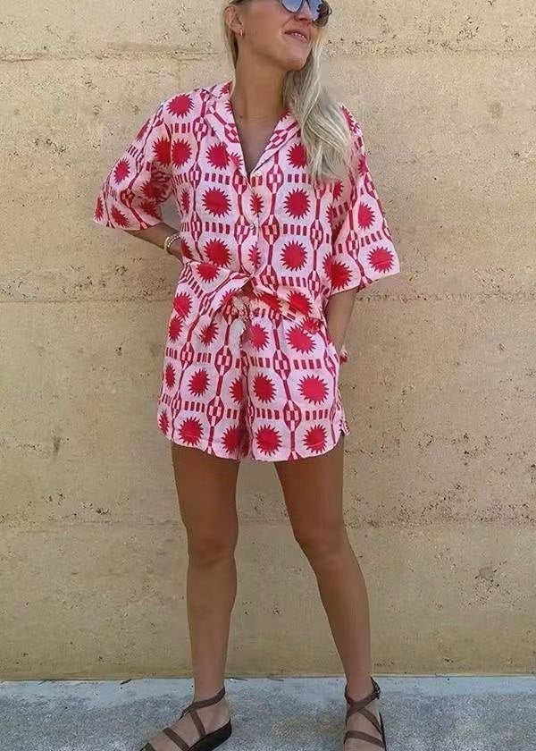Two Piece Lightweight Cotton Red Sun Print Set