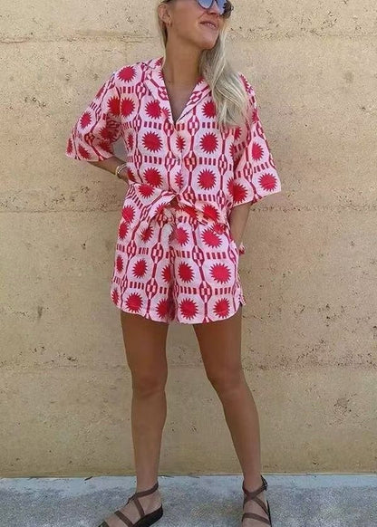 Two Piece Lightweight Cotton Red Sun Print Set