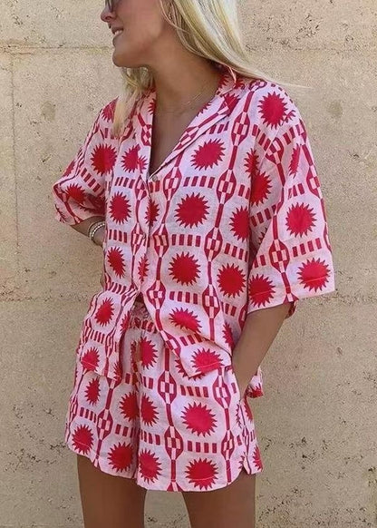 Two Piece Lightweight Cotton Red Sun Print Set