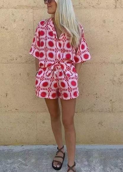 Two Piece Lightweight Cotton Red Sun Print Set