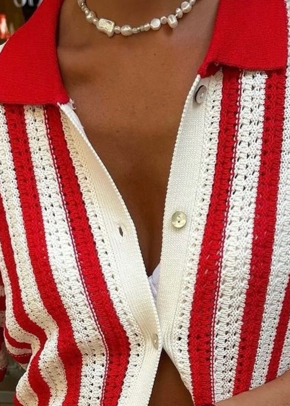 Crochet Knit Button Up Shirt With Stripes