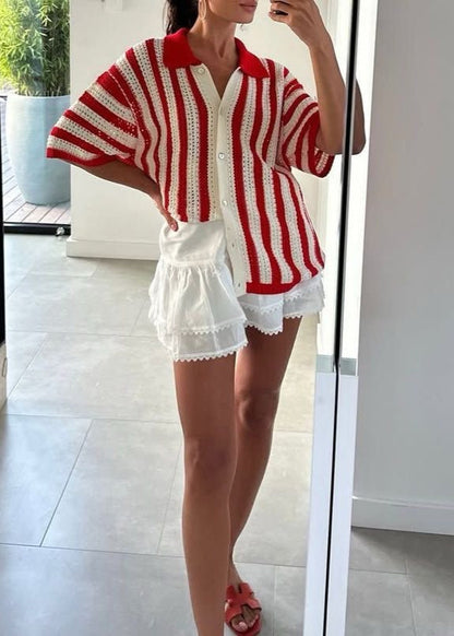 Crochet Knit Button Up Shirt With Stripes