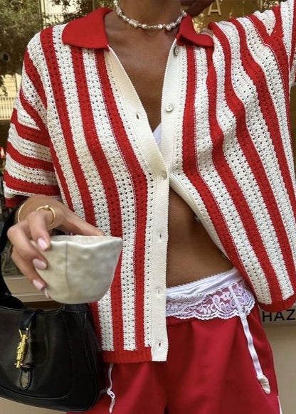 Crochet Knit Button Up Shirt With Stripes