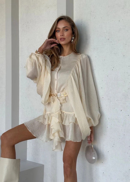 Ruffled Organza Mini Dress with Flowing Sleeves