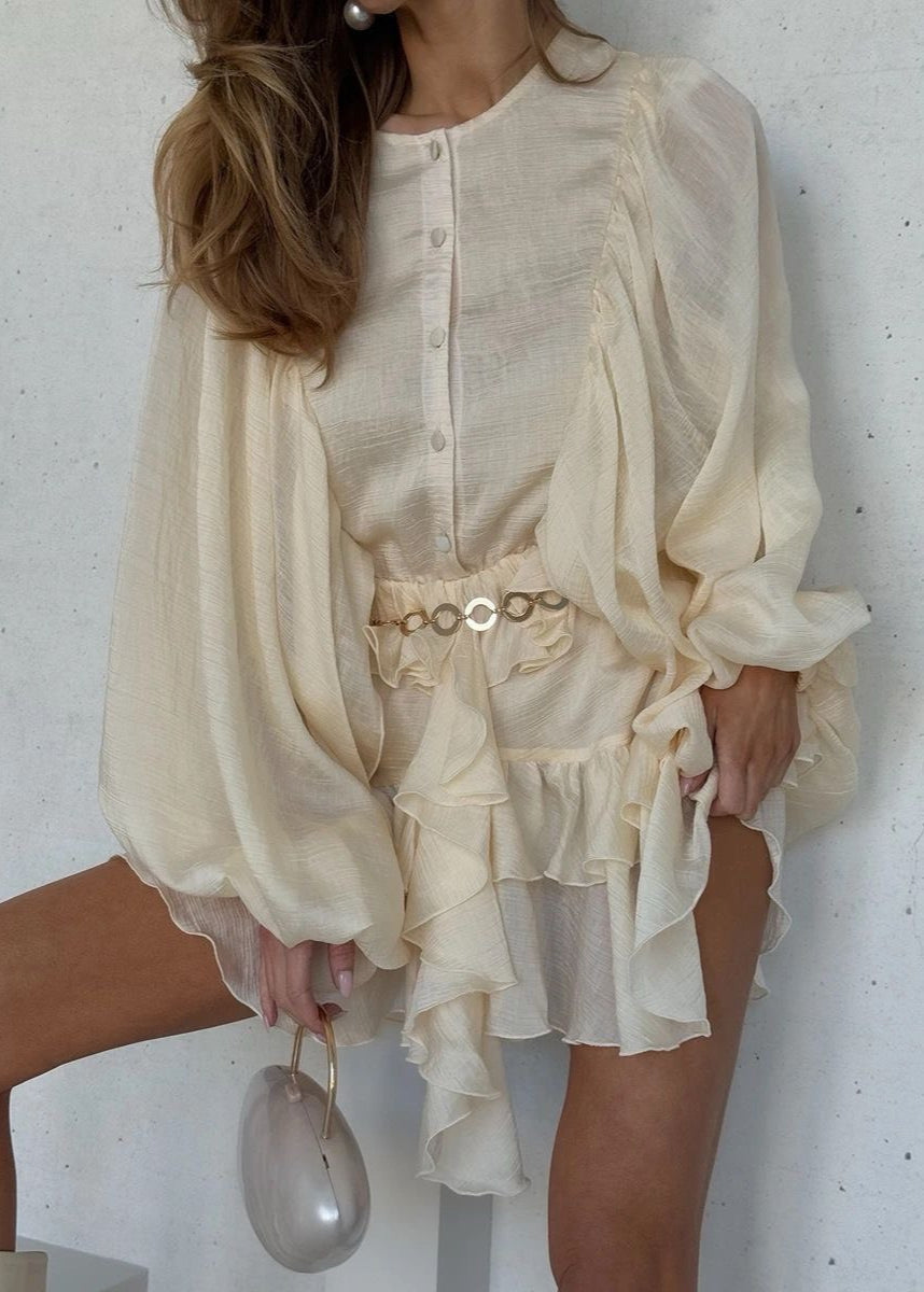 Ruffled Organza Mini Dress with Flowing Sleeves