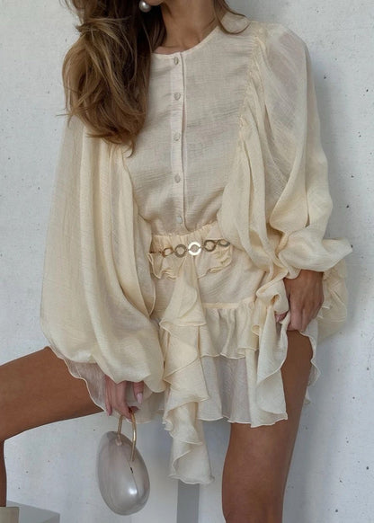 Ruffled Organza Mini Dress with Flowing Sleeves