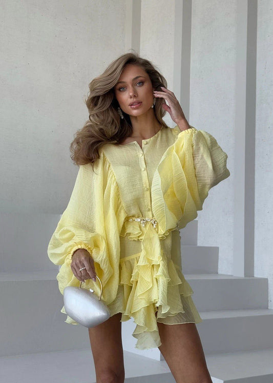 Tiered Mini Dress Sheer Polyester Ruffle Design