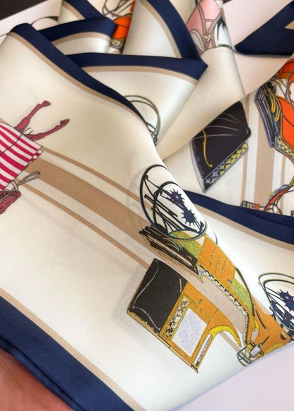 Silk Satin Neck Scarf Printed Horse Carriage