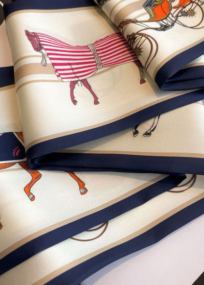 Silk Satin Neck Scarf Printed Horse Carriage