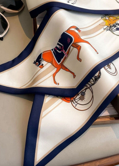 Silk Satin Neck Scarf Printed Horse Carriage