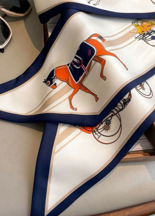 Silk Satin Neck Scarf Printed Horse Carriage