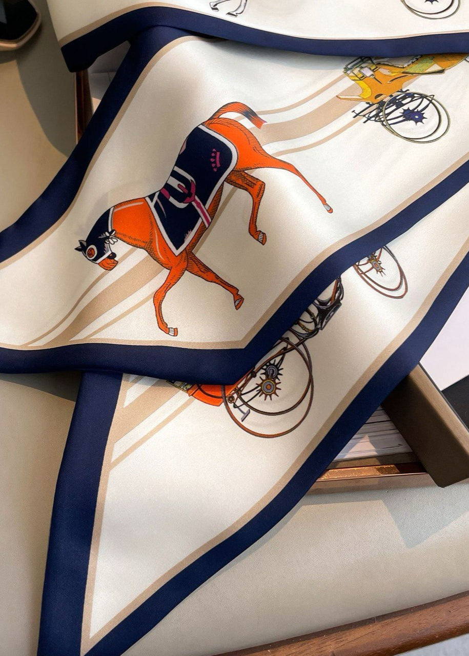 Silk Satin Neck Scarf Printed Horse Carriage