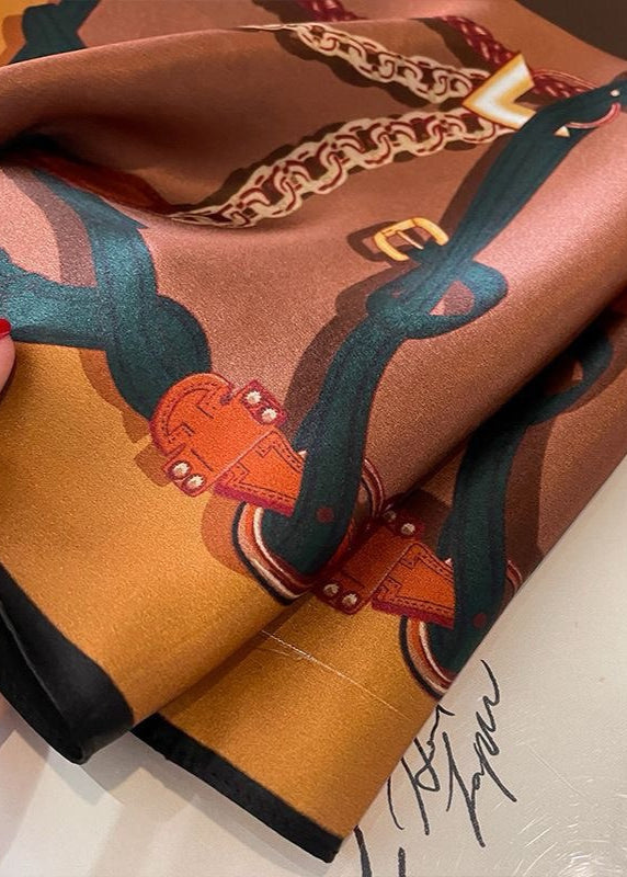 Satin Square Scarf With Chain Print Brown