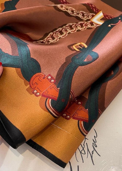 Satin Square Scarf With Chain Print Brown