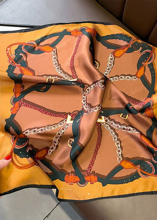 Satin Square Scarf With Chain Print Brown