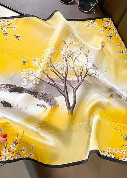 Scenic Floral Silk Scarf Yellow Square Satin