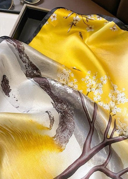 Scenic Floral Silk Scarf Yellow Square Satin