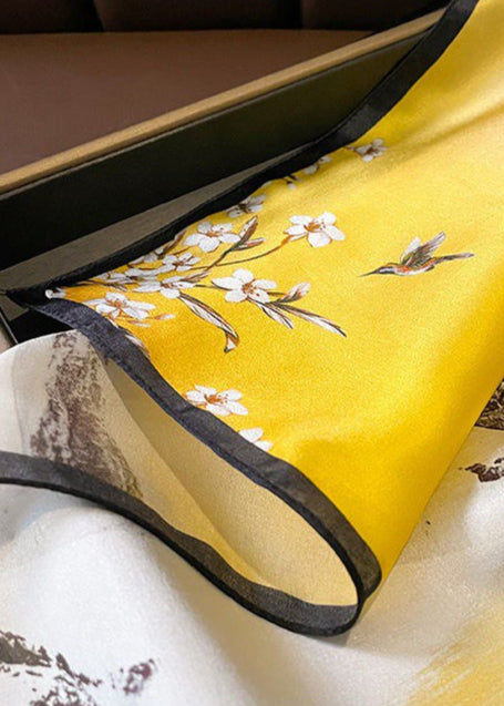 Scenic Floral Silk Scarf Yellow Square Satin